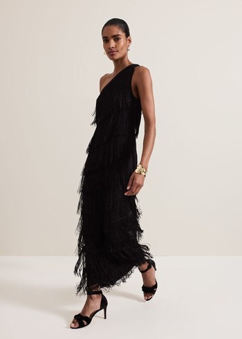 Phase Eight Otto One Shoulder Fringe Dress Black Canada | TXMPHB-340